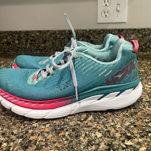 Hoka Women's Teal and Pink Running Shoes Clifton 5  size 9